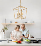 Industrial 4 Lights Chandelier, Gold Lantern Ceiling Light Fixtures with Rustic Metal Cage Adjustable Height Farmhouse Geometric Hanging Light for Kitchen Island, Dining Room, Entryway, UL Listed - Grand Goldman