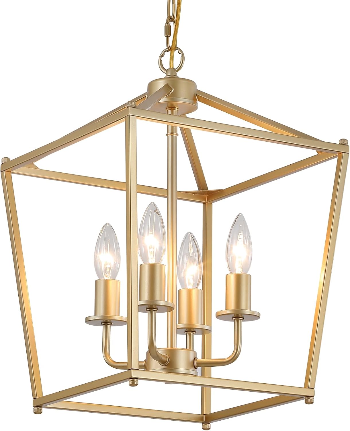 Industrial 4 Lights Chandelier, Gold Lantern Ceiling Light Fixtures with Rustic Metal Cage Adjustable Height Farmhouse Geometric Hanging Light for Kitchen Island, Dining Room, Entryway, UL Listed - Grand Goldman