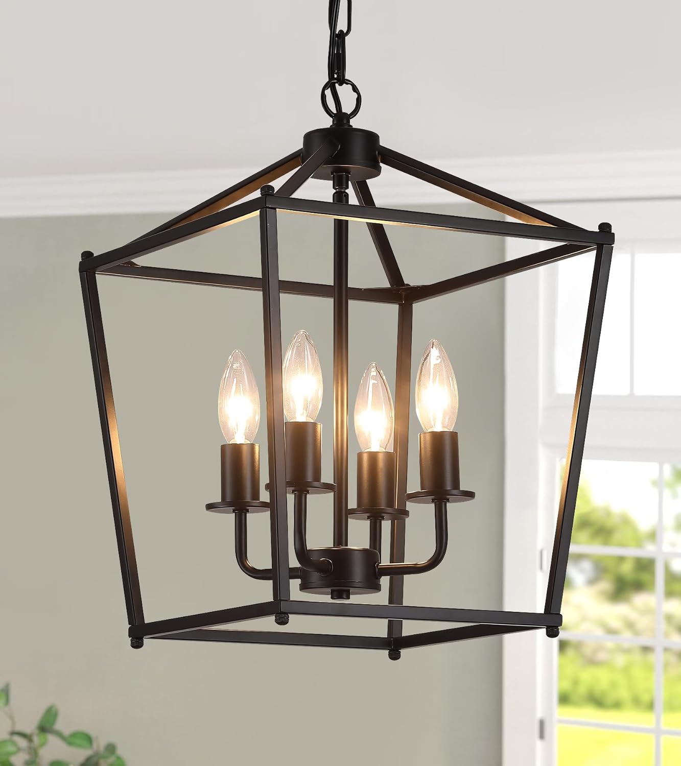 Industrial 4 Lights Chandelier, Gold Lantern Ceiling Light Fixtures with Rustic Metal Cage Adjustable Height Farmhouse Geometric Hanging Light for Kitchen Island, Dining Room, Entryway, UL Listed - Grand Goldman