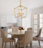 Industrial 4 Lights Chandelier, Gold Lantern Ceiling Light Fixtures with Rustic Metal Cage Adjustable Height Farmhouse Geometric Hanging Light for Kitchen Island, Dining Room, Entryway, UL Listed - Grand Goldman