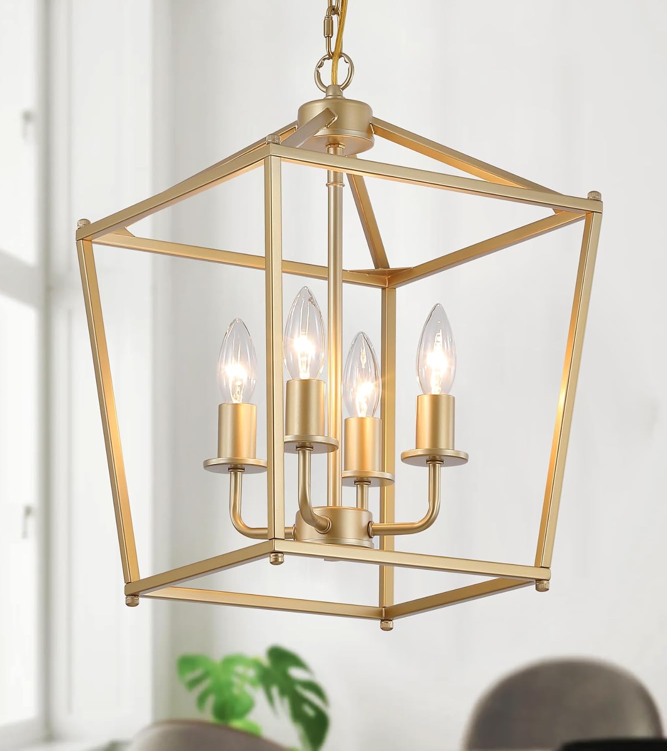 Industrial 4 Lights Chandelier, Gold Lantern Ceiling Light Fixtures with Rustic Metal Cage Adjustable Height Farmhouse Geometric Hanging Light for Kitchen Island, Dining Room, Entryway, UL Listed - Grand Goldman