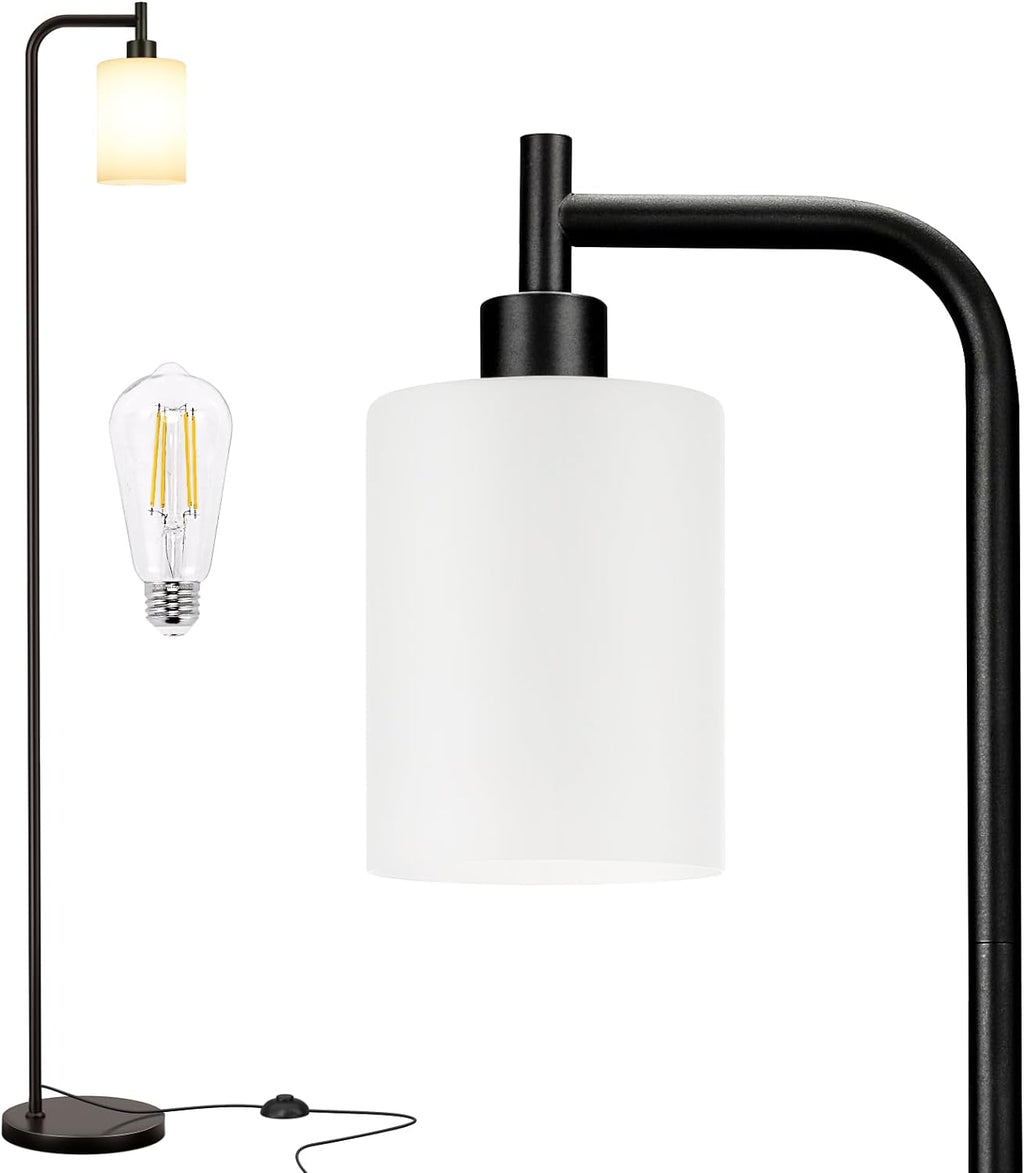 Industrial Floor Lamp with Glass Shade - Black, LED Bulbs, Foot Pedal Switch, Easy Assembly - Grand Goldman