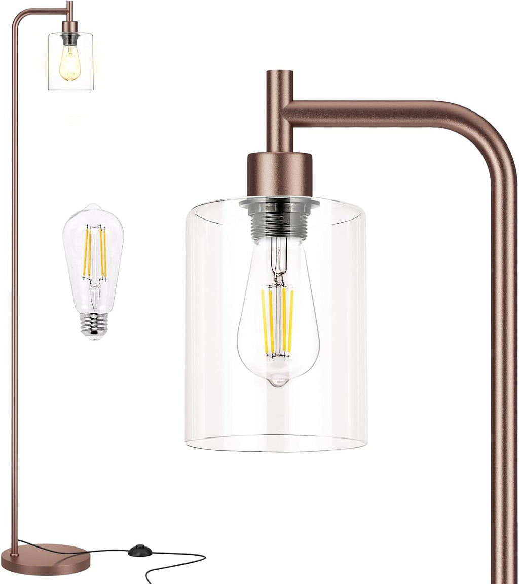 Industrial Floor Lamp with Glass Shade - Black, LED Bulbs, Foot Pedal Switch, Easy Assembly - Grand Goldman