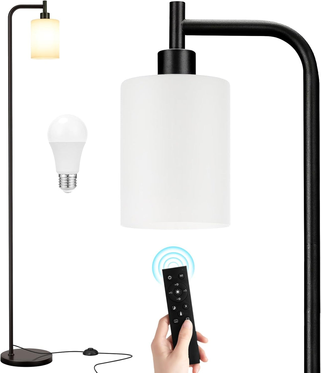 Industrial Floor Lamp with Glass Shade - Black, LED Bulbs, Foot Pedal Switch, Easy Assembly - Grand Goldman