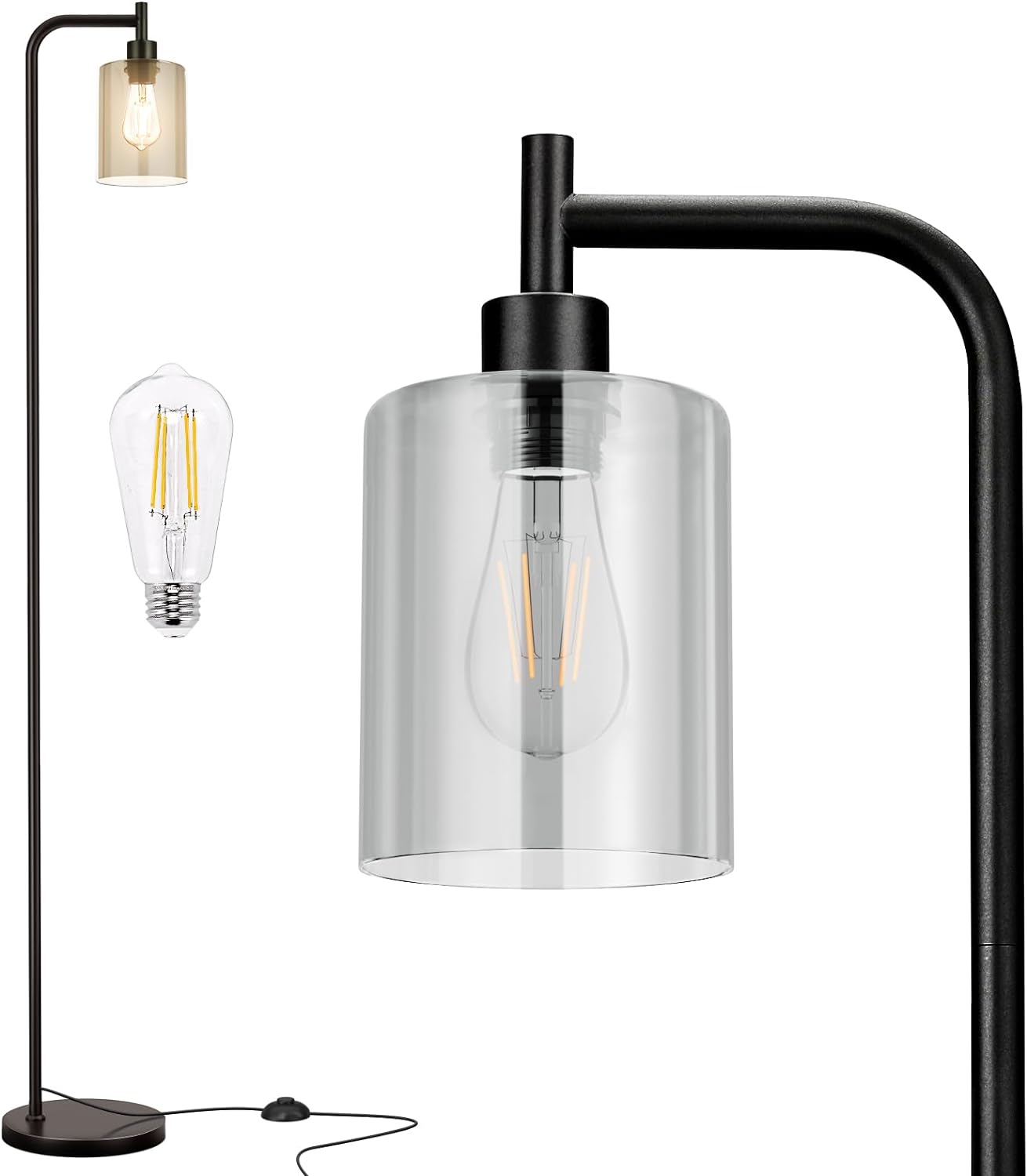 Industrial Floor Lamp with Glass Shade - Black, LED Bulbs, Foot Pedal Switch, Easy Assembly - Grand Goldman
