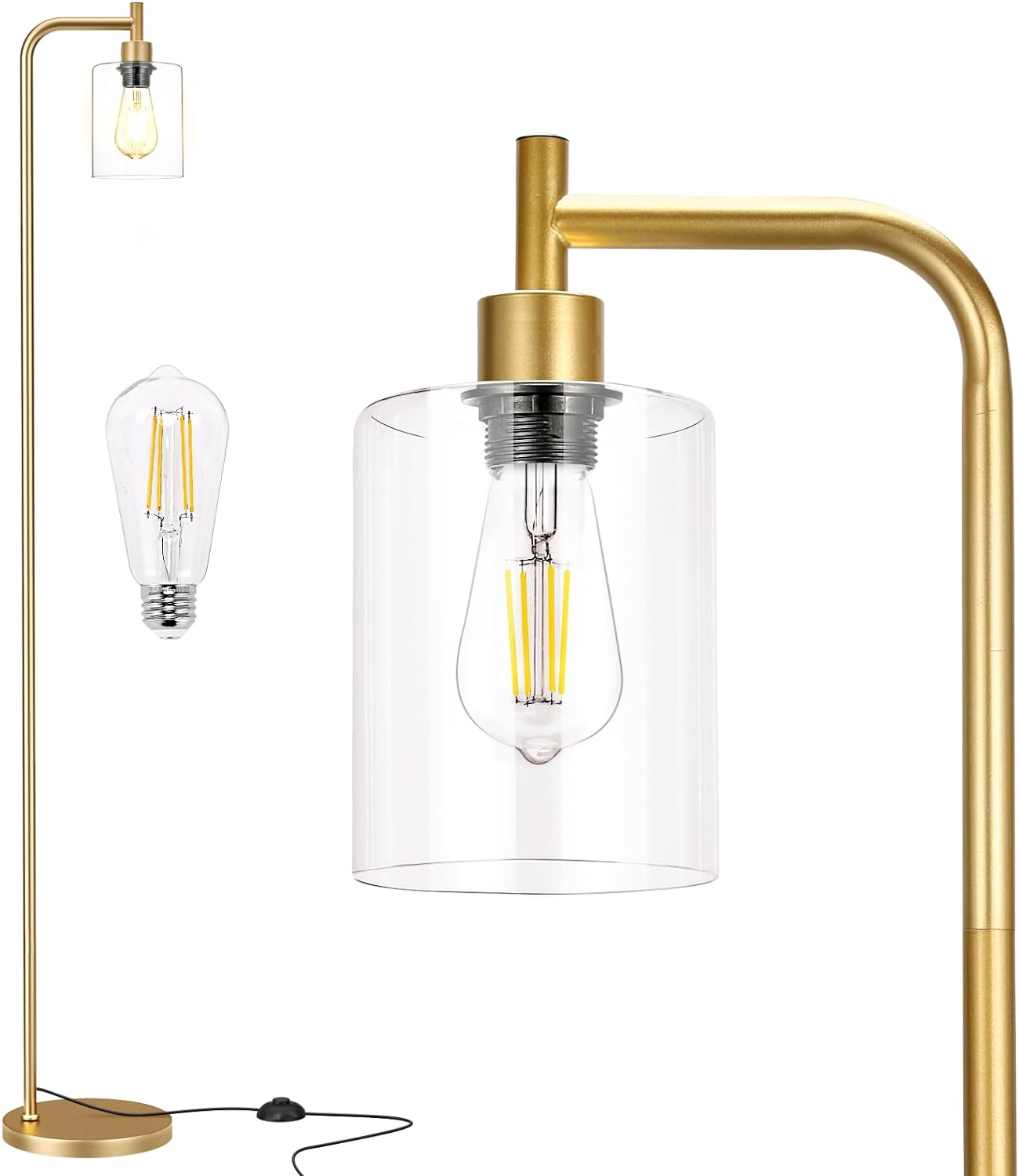 Industrial Floor Lamp with Glass Shade - Black, LED Bulbs, Foot Pedal Switch, Easy Assembly - Grand Goldman