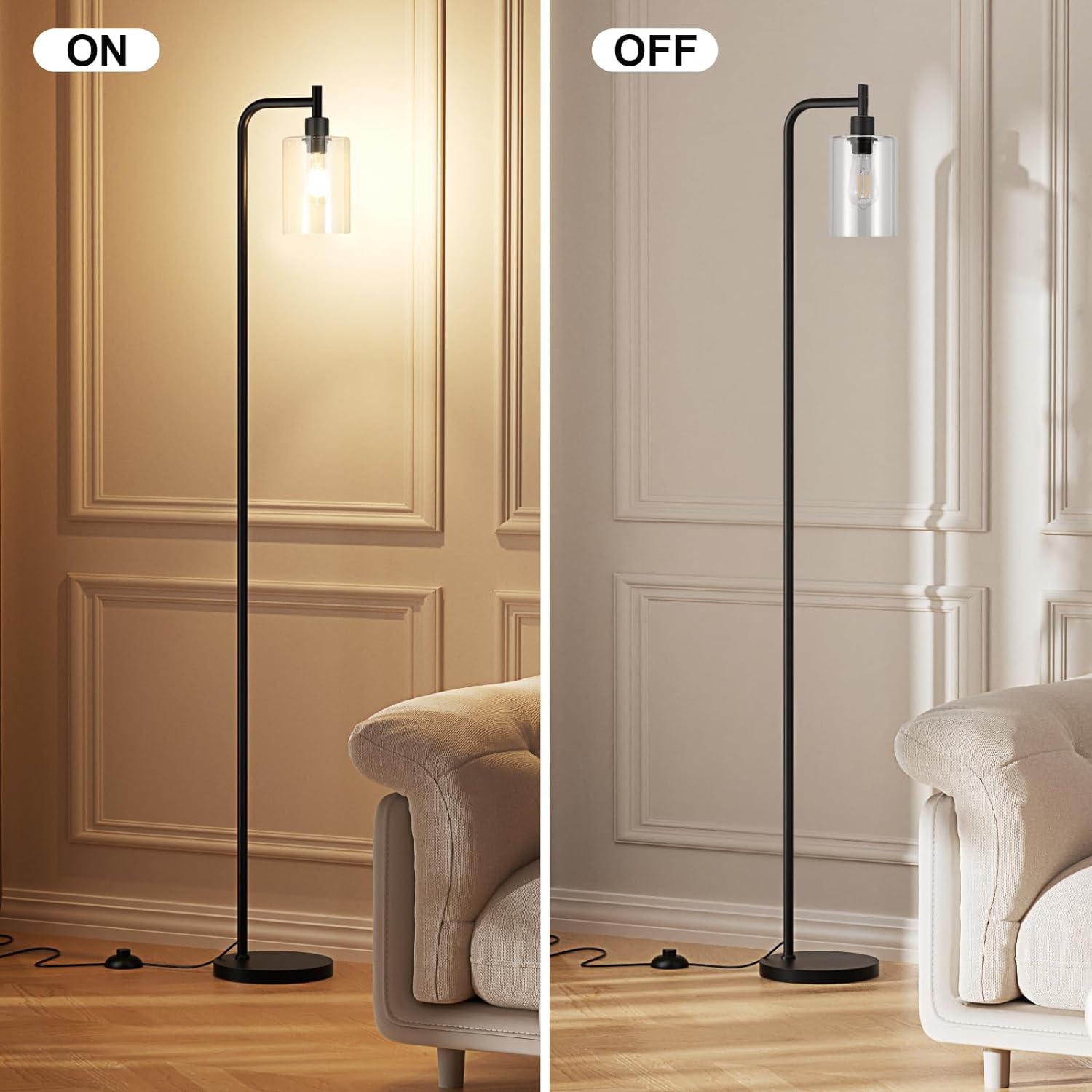 Industrial Floor Lamp with Glass Shade - Black, LED Bulbs, Foot Pedal Switch, Easy Assembly - Grand Goldman