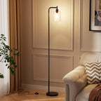 Industrial Floor Lamp with Glass Shade - Black, LED Bulbs, Foot Pedal Switch, Easy Assembly - Grand Goldman
