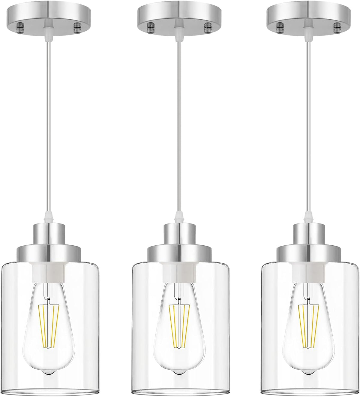 Industrial Pendant Lighting, Modern Clear Glass Shade Farmhouse Adjustable Hanging Light Fixtures for Kitchen Island Living Room Bedroom Hallway, 3-Pack - Grand Goldman