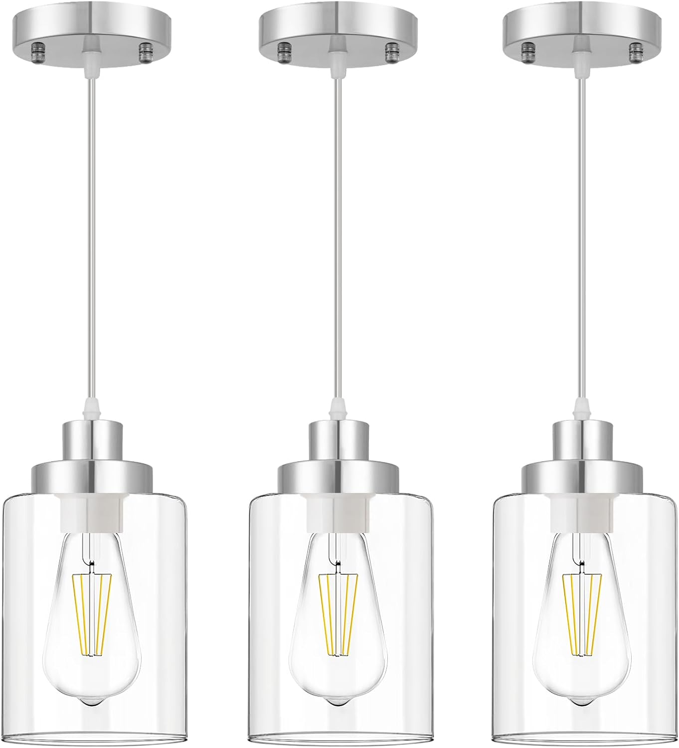 Industrial Pendant Lighting, Modern Clear Glass Shade Farmhouse Adjustable Hanging Light Fixtures for Kitchen Island Living Room Bedroom Hallway, 3-Pack - Grand Goldman