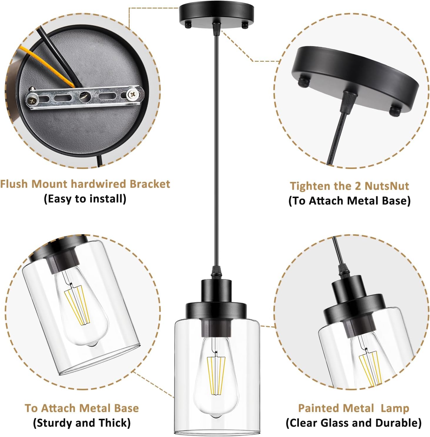 Industrial Pendant Lighting, Modern Clear Glass Shade Farmhouse Adjustable Hanging Light Fixtures for Kitchen Island Living Room Bedroom Hallway, 3-Pack - Grand Goldman