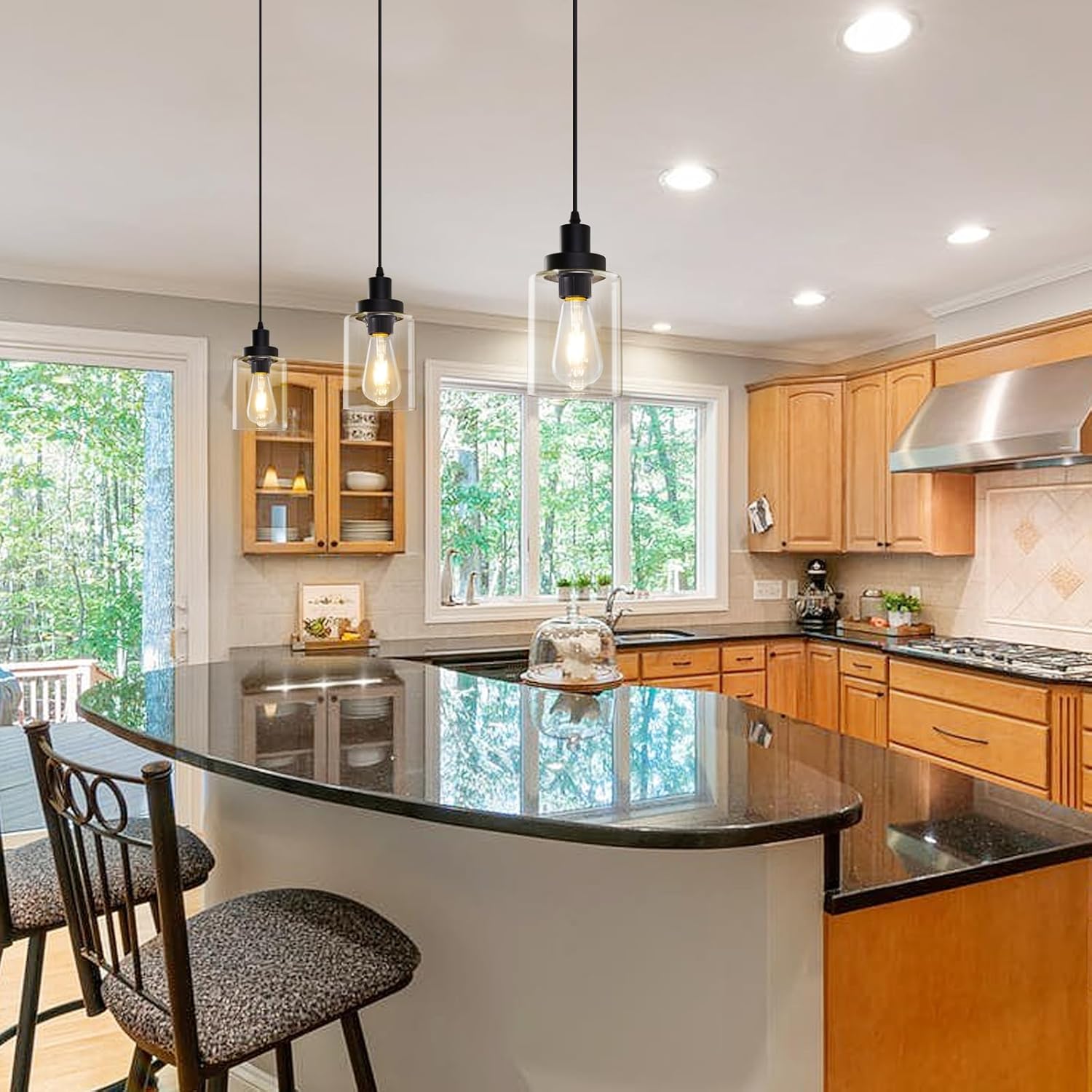 Industrial Pendant Lighting, Modern Clear Glass Shade Farmhouse Adjustable Hanging Light Fixtures for Kitchen Island Living Room Bedroom Hallway, 3-Pack - Grand Goldman