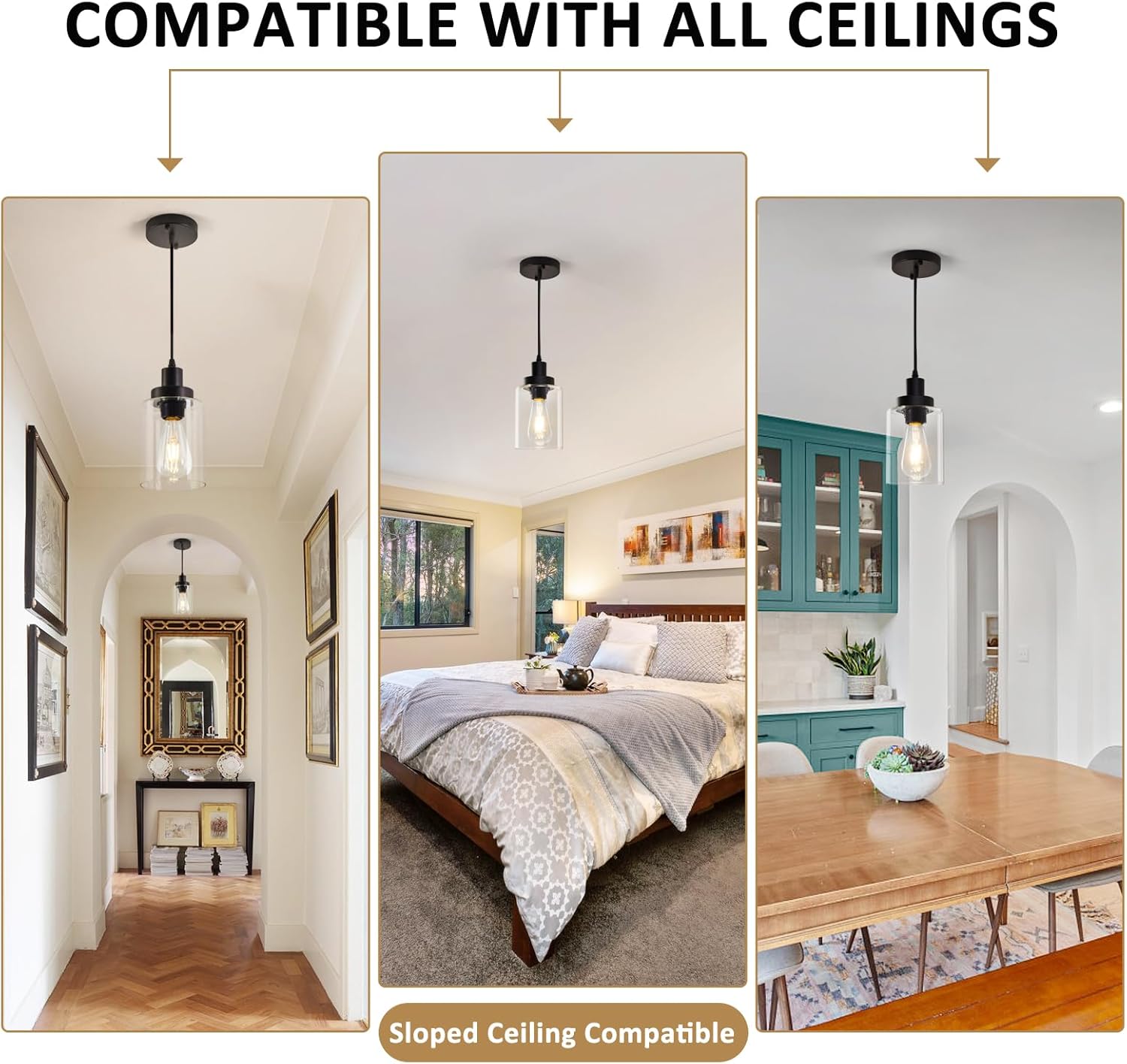 Industrial Pendant Lighting, Modern Clear Glass Shade Farmhouse Adjustable Hanging Light Fixtures for Kitchen Island Living Room Bedroom Hallway, 3-Pack - Grand Goldman