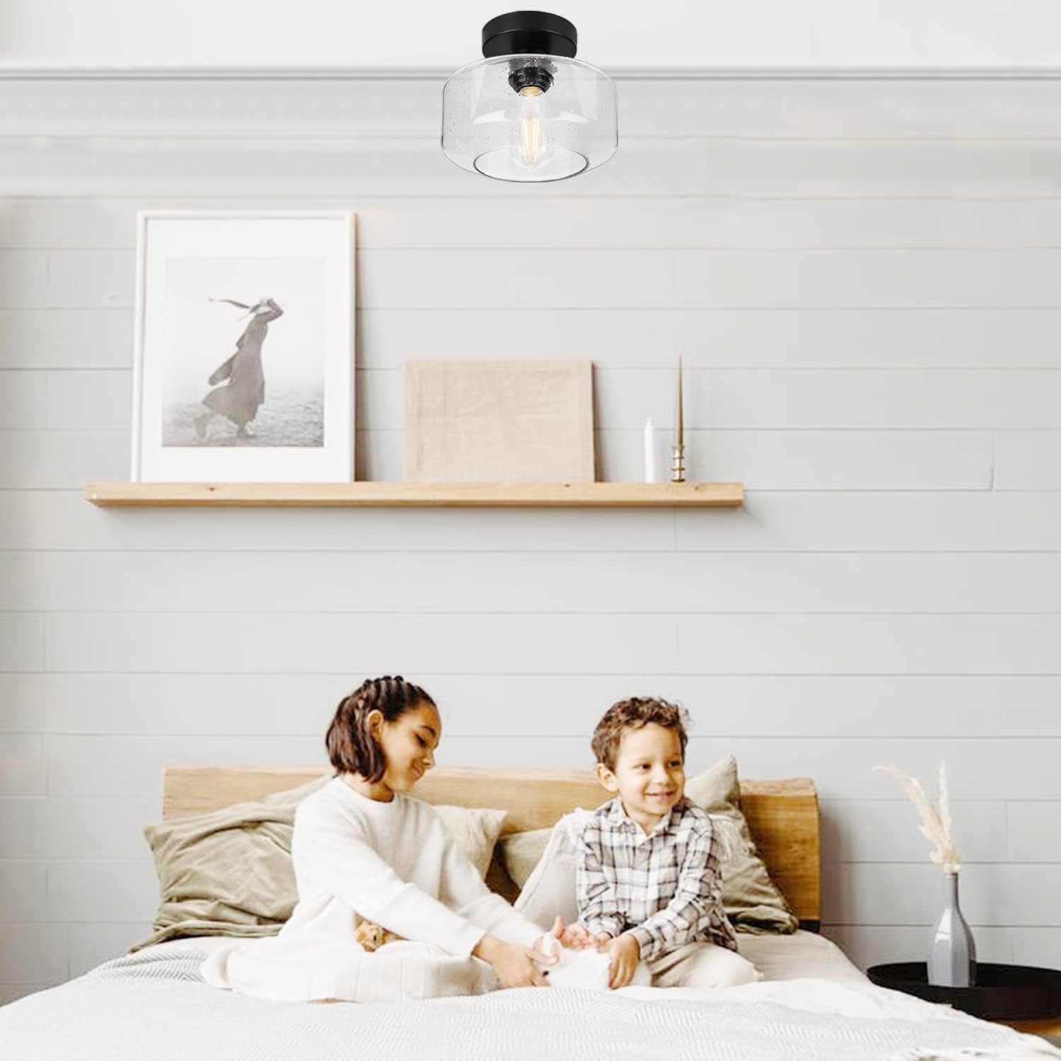 Industrial Semi Flush Mount Ceiling Light, 800 Lumen LED Bulb Included, Seeded Glass Shade Farmhouse Light Fixture for Hallway Corridor Kitchen Bathroom Bedroom Passway - Grand Goldman