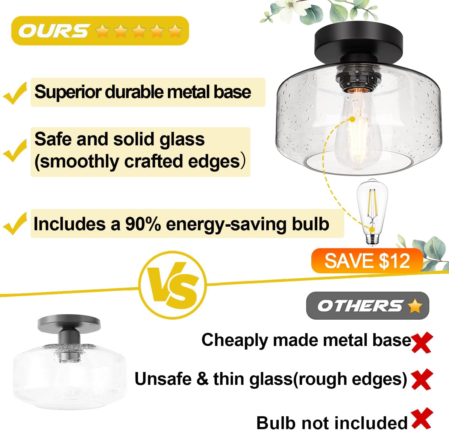 Industrial Semi Flush Mount Ceiling Light, 800 Lumen LED Bulb Included, Seeded Glass Shade Farmhouse Light Fixture for Hallway Corridor Kitchen Bathroom Bedroom Passway - Grand Goldman