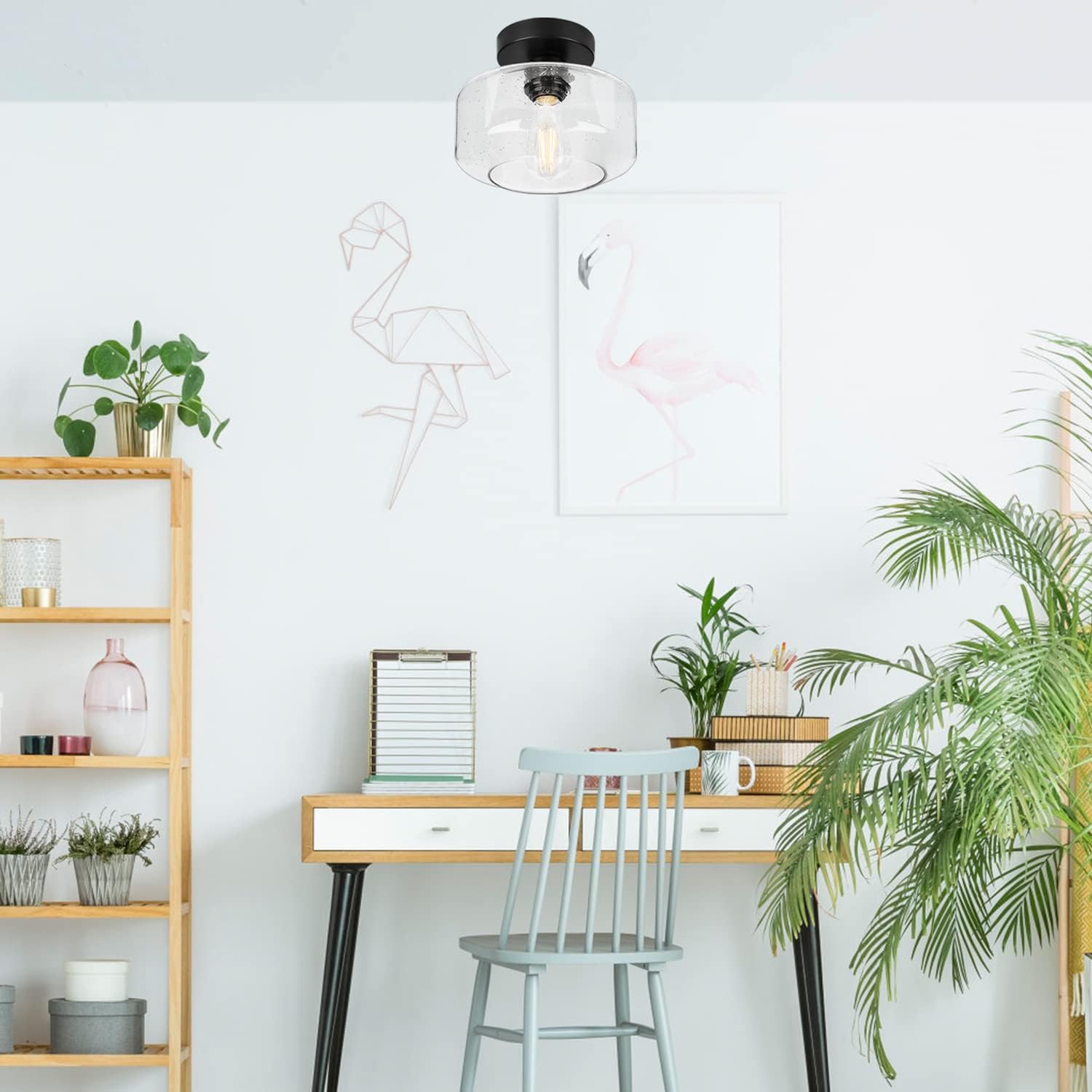 Industrial Semi Flush Mount Ceiling Light, 800 Lumen LED Bulb Included, Seeded Glass Shade Farmhouse Light Fixture for Hallway Corridor Kitchen Bathroom Bedroom Passway - Grand Goldman