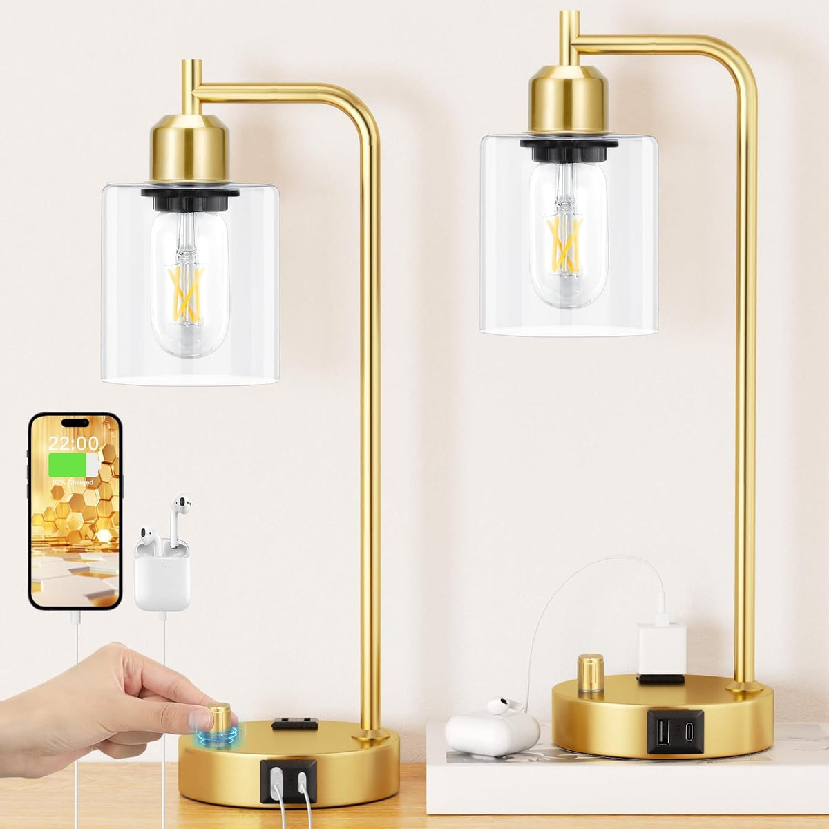 Industrial Table Lamps for Bedrooms Set of 2 - Fully Dimmable Bedside Lamps with USB A and C Ports and Outlet, Black Nightstand Lamps with Glass Shade for Living Room, Desk Lamps for Office Reading - Grand Goldman