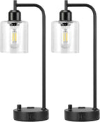 Industrial Table Lamps for Bedrooms Set of 2 - Fully Dimmable Bedside Lamps with USB A and C Ports and Outlet, Black Nightstand Lamps with Glass Shade for Living Room, Desk Lamps for Office Reading - Grand Goldman