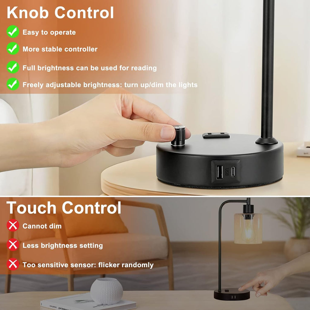 Industrial Table Lamps for Bedrooms Set of 2 - Fully Dimmable Bedside Lamps with USB A and C Ports and Outlet, Black Nightstand Lamps with Glass Shade for Living Room, Desk Lamps for Office Reading - Grand Goldman