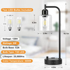 Industrial Table Lamps for Bedrooms Set of 2 - Fully Dimmable Bedside Lamps with USB A and C Ports and Outlet, Black Nightstand Lamps with Glass Shade for Living Room, Desk Lamps for Office Reading - Grand Goldman