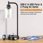 Industrial Table Lamps for Bedrooms Set of 2 - Fully Dimmable Bedside Lamps with USB A and C Ports and Outlet, Black Nightstand Lamps with Glass Shade for Living Room, Desk Lamps for Office Reading - Grand Goldman