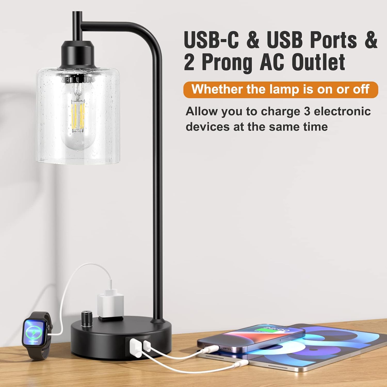 Industrial Table Lamps for Bedrooms Set of 2 - Fully Dimmable Bedside Lamps with USB A and C Ports and Outlet, Black Nightstand Lamps with Glass Shade for Living Room, Desk Lamps for Office Reading - Grand Goldman