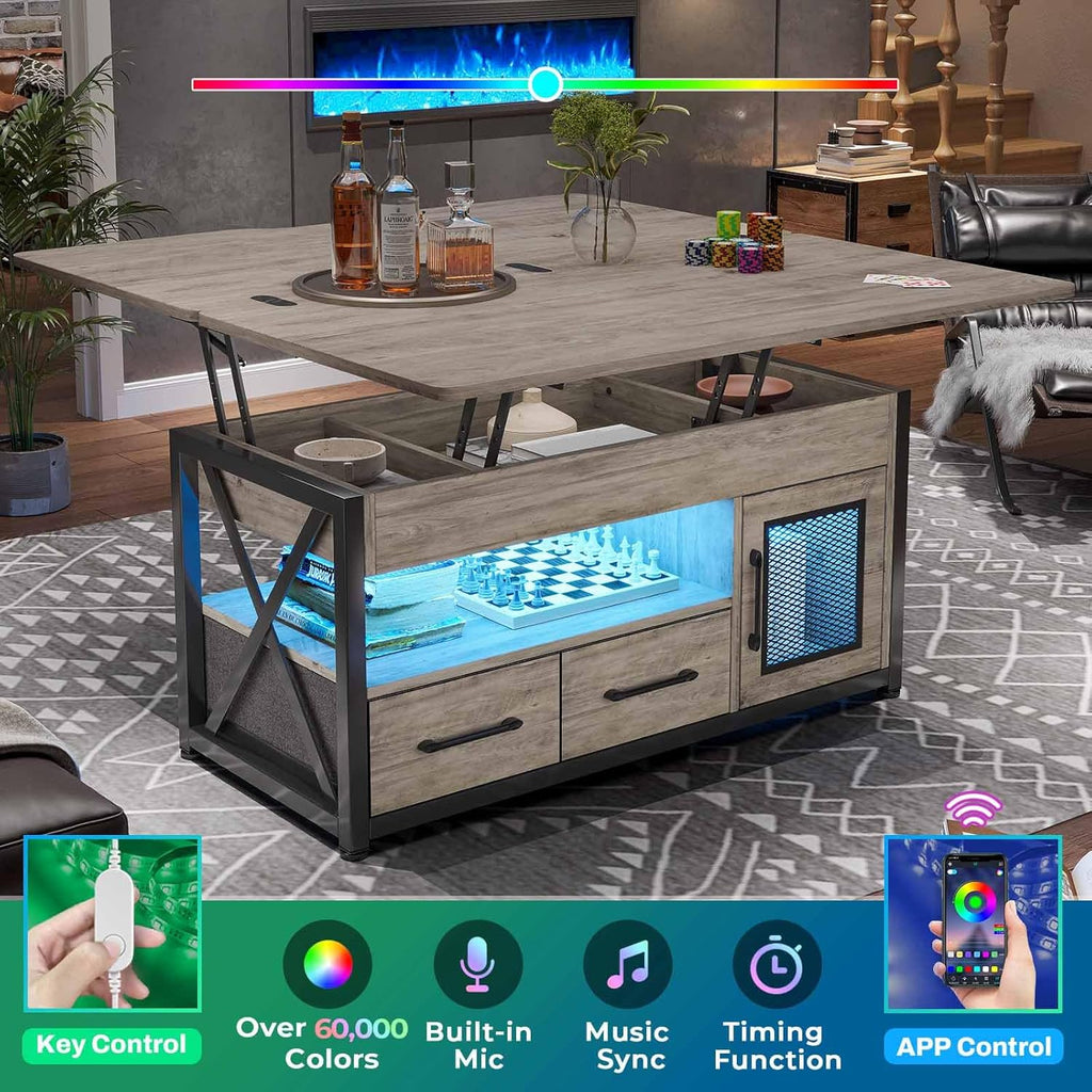 Itaar 40" Lift Top Coffee Table, 4 in 1 Coffee Tables with Storage Cabinet for Living Room, Small Farmhouse Coffee Table with 2 Fabric Drawers & LED Light for Dining Room, Grey - Grand Goldman