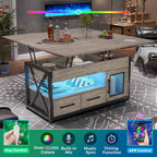 Itaar 40" Lift Top Coffee Table, 4 in 1 Coffee Tables with Storage Cabinet for Living Room, Small Farmhouse Coffee Table with 2 Fabric Drawers & LED Light for Dining Room, Grey - Grand Goldman