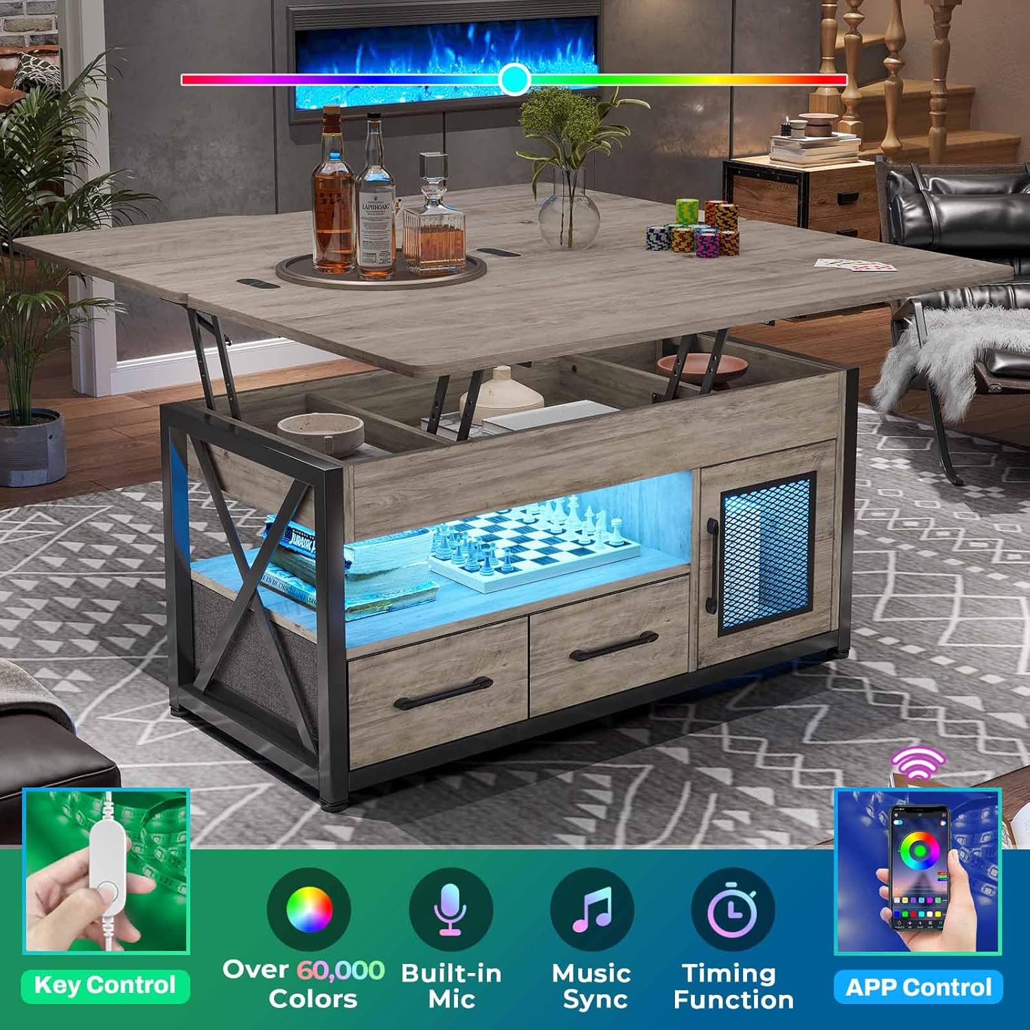 Itaar 40" Lift Top Coffee Table, 4 in 1 Coffee Tables with Storage Cabinet for Living Room, Small Farmhouse Coffee Table with 2 Fabric Drawers & LED Light for Dining Room, Grey - Grand Goldman