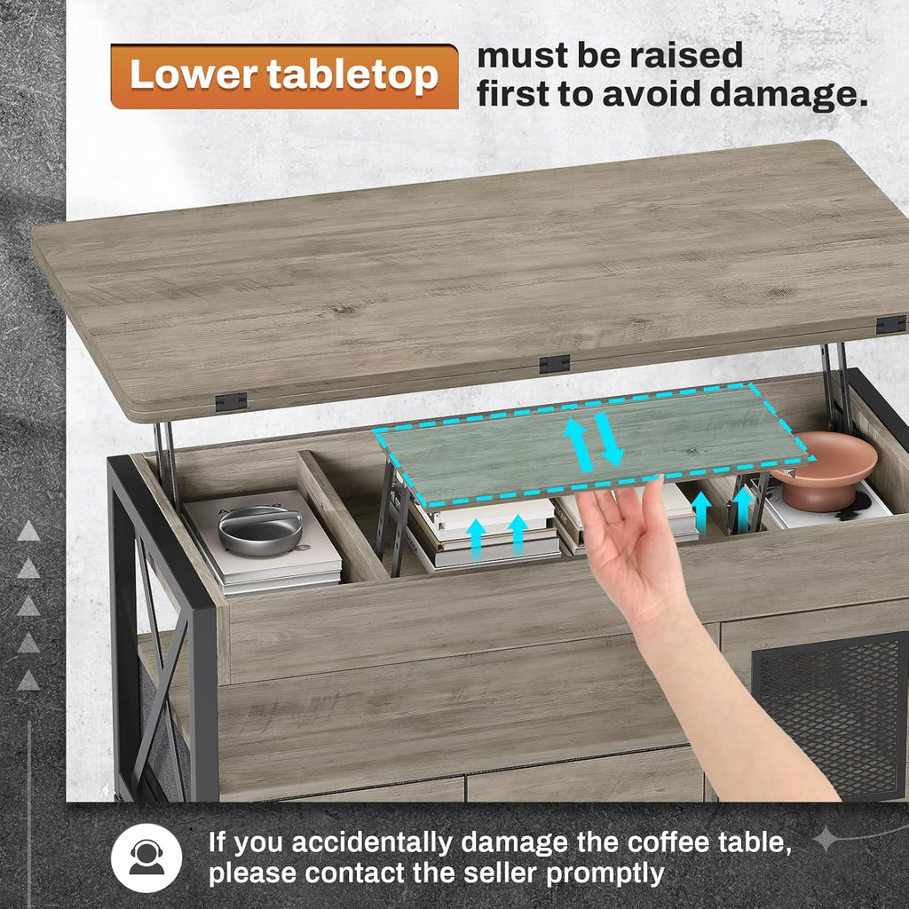 Itaar 40" Lift Top Coffee Table, 4 in 1 Coffee Tables with Storage Cabinet for Living Room, Small Farmhouse Coffee Table with 2 Fabric Drawers & LED Light for Dining Room, Grey - Grand Goldman