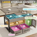 Itaar 40" Lift Top Coffee Table, 4 in 1 Coffee Tables with Storage Cabinet for Living Room, Small Farmhouse Coffee Table with 2 Fabric Drawers & LED Light for Dining Room, Grey - Grand Goldman
