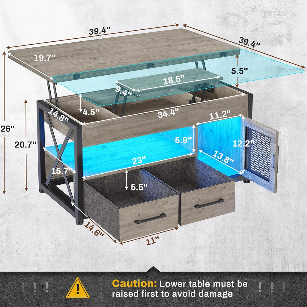 Itaar 40" Lift Top Coffee Table, 4 in 1 Coffee Tables with Storage Cabinet for Living Room, Small Farmhouse Coffee Table with 2 Fabric Drawers & LED Light for Dining Room, Grey - Grand Goldman