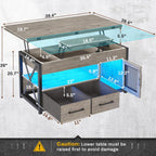 Itaar 40" Lift Top Coffee Table, 4 in 1 Coffee Tables with Storage Cabinet for Living Room, Small Farmhouse Coffee Table with 2 Fabric Drawers & LED Light for Dining Room, Grey - Grand Goldman