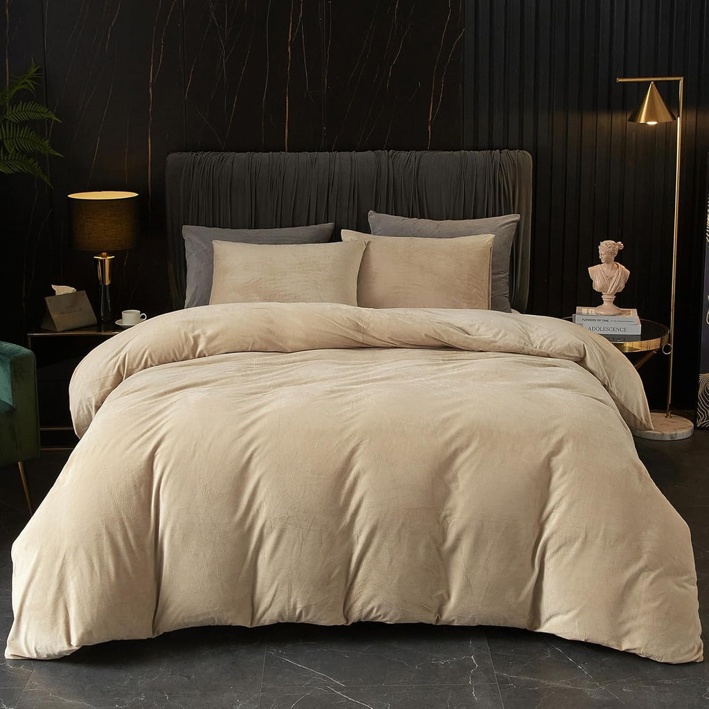 Ivellow Velvet Duvet Cover Queen Set Sage Green Comforter Cover 3Pcs Ultra Soft Cover Breathable Solid Luxury Flannel Velour Duvet Cover Zipper Closure Corner Tie - Grand Goldman