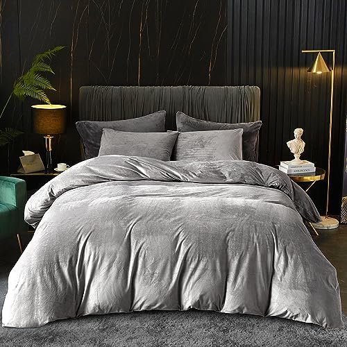 Ivellow Velvet Duvet Cover Queen Set Sage Green Comforter Cover 3Pcs Ultra Soft Cover Breathable Solid Luxury Flannel Velour Duvet Cover Zipper Closure Corner Tie - Grand Goldman
