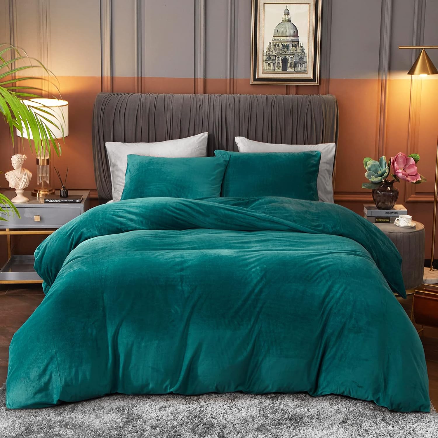 Ivellow Velvet Duvet Cover Queen Set Sage Green Comforter Cover 3Pcs Ultra Soft Cover Breathable Solid Luxury Flannel Velour Duvet Cover Zipper Closure Corner Tie - Grand Goldman
