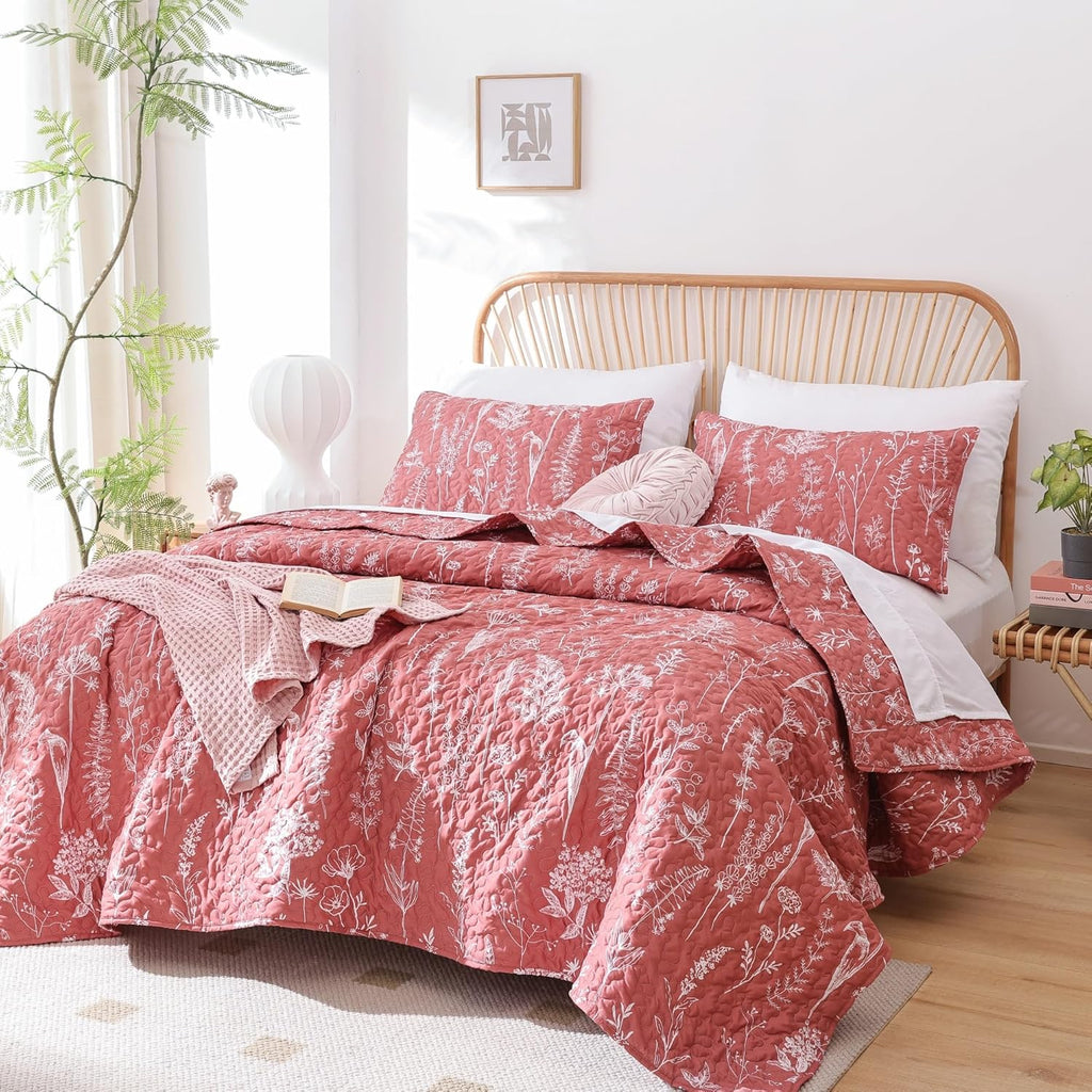 JANZAA Quilts Queen Size Sage Green Quilt Botanical with Floral Pattern Microfiber Bedspreads Queen Size 3 Pieces Lightweight Comforter Reversible Bedding Set with 2 Pillow Cases - Grand Goldman