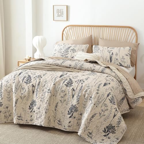 JANZAA Quilts Queen Size Sage Green Quilt Botanical with Floral Pattern Microfiber Bedspreads Queen Size 3 Pieces Lightweight Comforter Reversible Bedding Set with 2 Pillow Cases - Grand Goldman