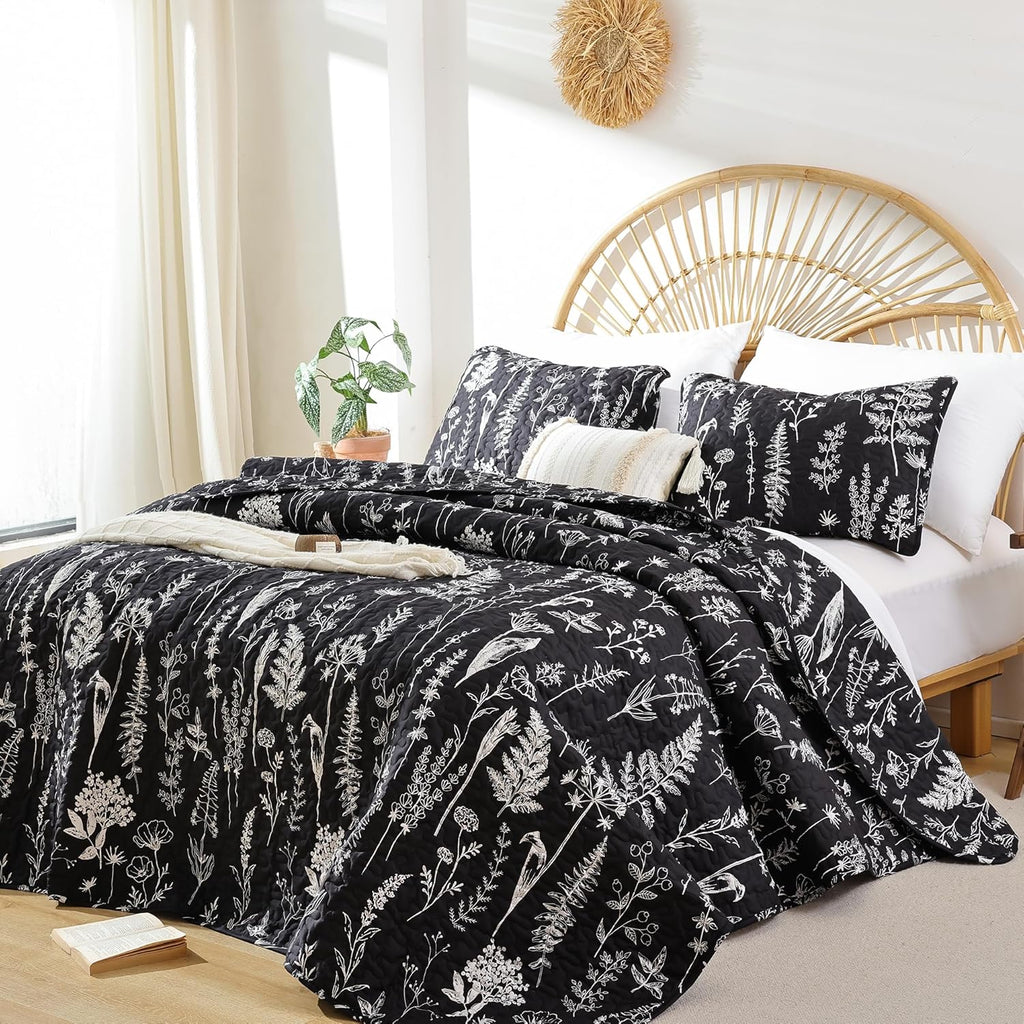 JANZAA Quilts Queen Size Sage Green Quilt Botanical with Floral Pattern Microfiber Bedspreads Queen Size 3 Pieces Lightweight Comforter Reversible Bedding Set with 2 Pillow Cases - Grand Goldman