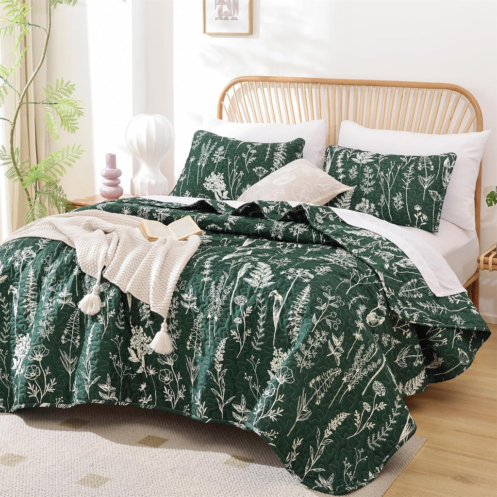 JANZAA Quilts Queen Size Sage Green Quilt Botanical with Floral Pattern Microfiber Bedspreads Queen Size 3 Pieces Lightweight Comforter Reversible Bedding Set with 2 Pillow Cases - Grand Goldman