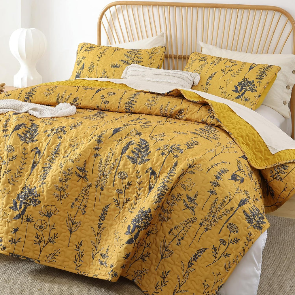 JANZAA Quilts Queen Size Sage Green Quilt Botanical with Floral Pattern Microfiber Bedspreads Queen Size 3 Pieces Lightweight Comforter Reversible Bedding Set with 2 Pillow Cases - Grand Goldman