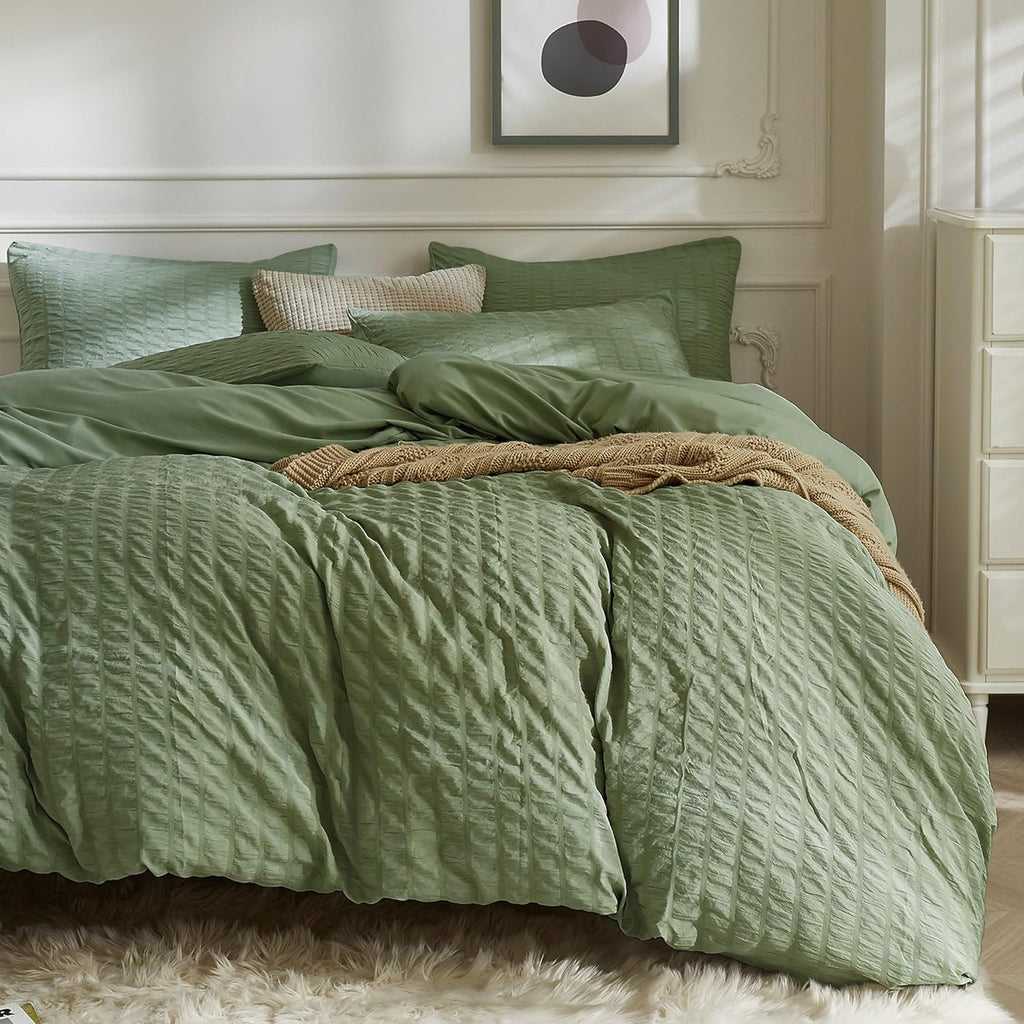 JELLYMONI White Duvet Cover Queen Size, 3pcs Washed Microfiber Bedding Set, Soft Breathable Seersucker Duvet Cover Set with Zipper Closure and Corner Ties for All Seasons - Grand Goldman