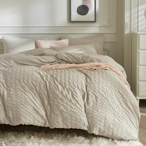 JELLYMONI White Duvet Cover Queen Size, 3pcs Washed Microfiber Bedding Set, Soft Breathable Seersucker Duvet Cover Set with Zipper Closure and Corner Ties for All Seasons - Grand Goldman
