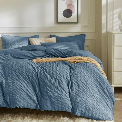 JELLYMONI White Duvet Cover Queen Size, 3pcs Washed Microfiber Bedding Set, Soft Breathable Seersucker Duvet Cover Set with Zipper Closure and Corner Ties for All Seasons - Grand Goldman