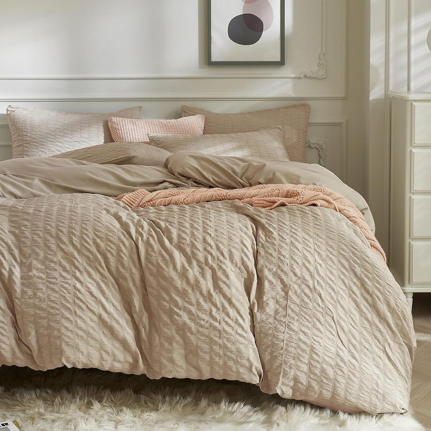 JELLYMONI White Duvet Cover Queen Size, 3pcs Washed Microfiber Bedding Set, Soft Breathable Seersucker Duvet Cover Set with Zipper Closure and Corner Ties for All Seasons - Grand Goldman