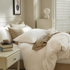 JELLYMONI White Duvet Cover Queen Size, 3pcs Washed Microfiber Bedding Set, Soft Breathable Seersucker Duvet Cover Set with Zipper Closure and Corner Ties for All Seasons - Grand Goldman