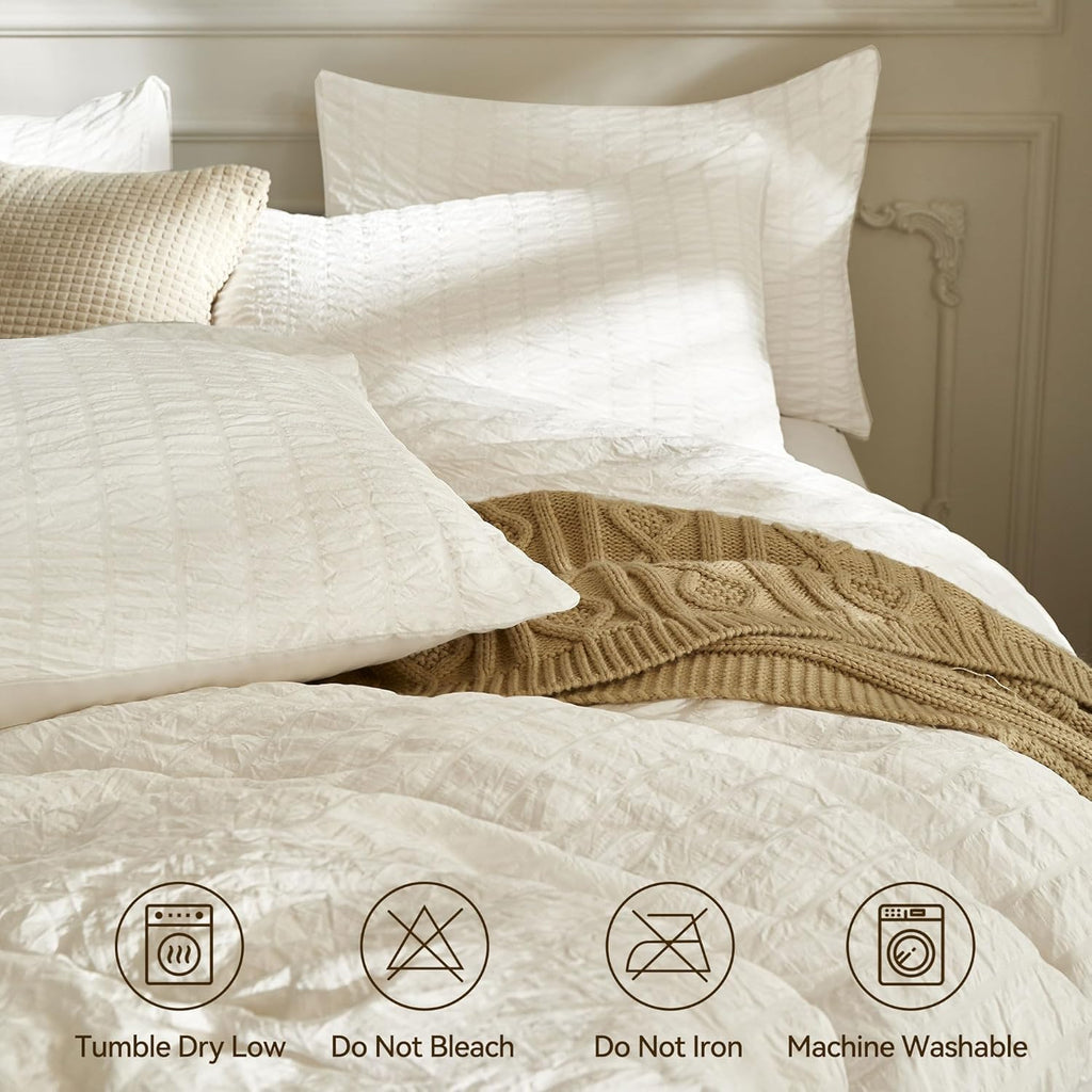 JELLYMONI White Duvet Cover Queen Size, 3pcs Washed Microfiber Bedding Set, Soft Breathable Seersucker Duvet Cover Set with Zipper Closure and Corner Ties for All Seasons - Grand Goldman