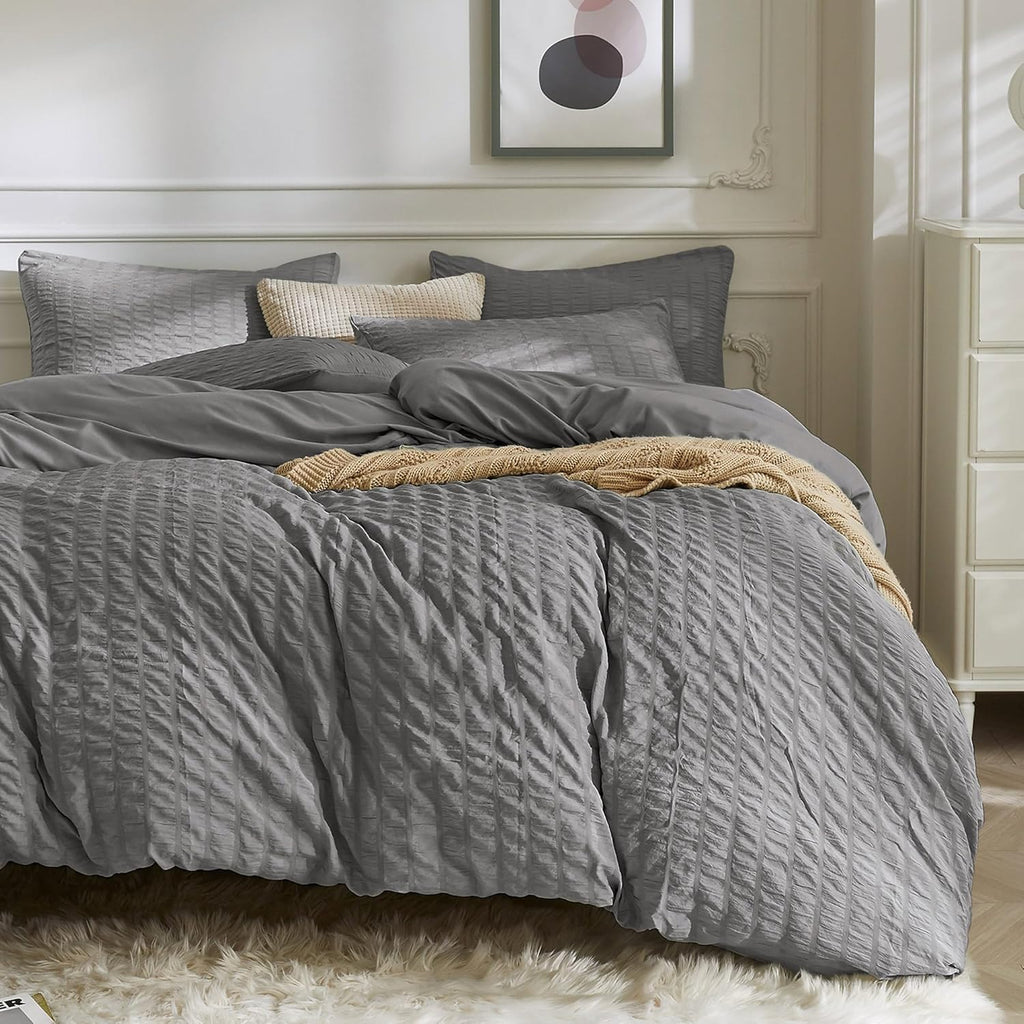 JELLYMONI White Duvet Cover Queen Size, 3pcs Washed Microfiber Bedding Set, Soft Breathable Seersucker Duvet Cover Set with Zipper Closure and Corner Ties for All Seasons - Grand Goldman