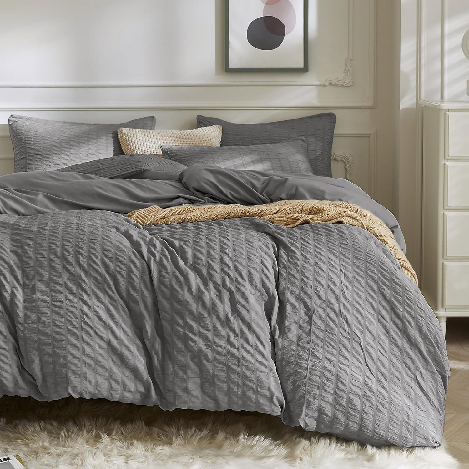 JELLYMONI White Duvet Cover Queen Size, 3pcs Washed Microfiber Bedding Set, Soft Breathable Seersucker Duvet Cover Set with Zipper Closure and Corner Ties for All Seasons - Grand Goldman