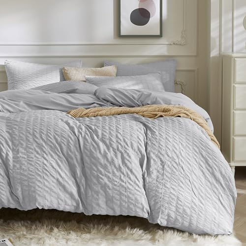 JELLYMONI White Duvet Cover Queen Size, 3pcs Washed Microfiber Bedding Set, Soft Breathable Seersucker Duvet Cover Set with Zipper Closure and Corner Ties for All Seasons - Grand Goldman
